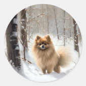Pomeranian Laat het Sneeuwen Kerstmis Ronde Sticker (Voorkant)