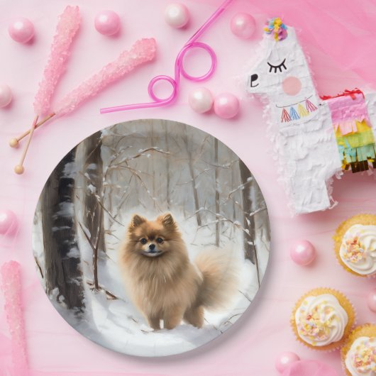 Pomeranian liet het sneeuwKerstmis Papieren Bordje (Feest)