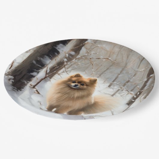 Pomeranian liet het sneeuwKerstmis Papieren Bordje (Gekanteld)