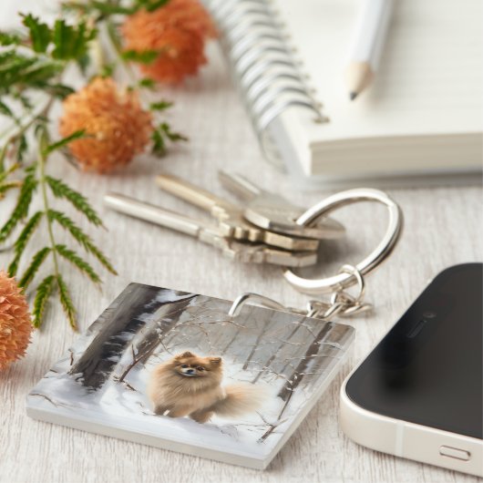 Pomeranian liet het sneeuwKerstmis Sleutelhanger (Voorkant Rechts)