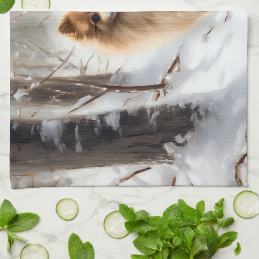 Pomeranian liet het sneeuwKerstmis Theedoek (Gevouwen)