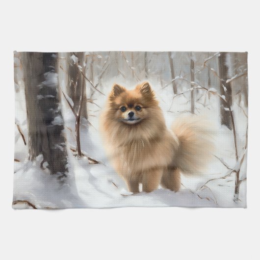 Pomeranian liet het sneeuwKerstmis Theedoek (Horizontaal)