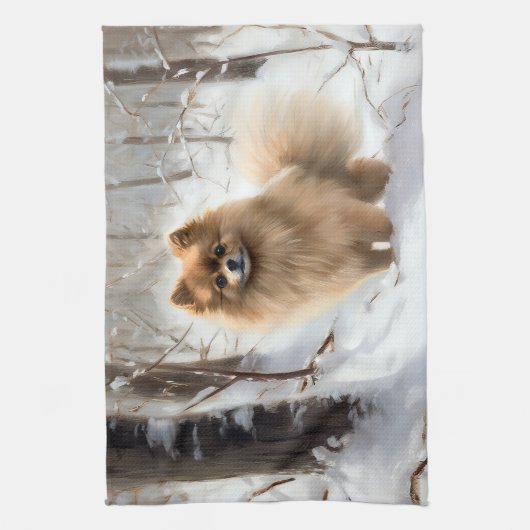 Pomeranian liet het sneeuwKerstmis Theedoek (Verticaal)