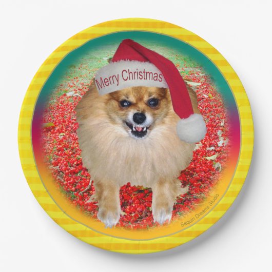 Pomeranian Marley Funny Bad Santa Dog Kerstmis Papieren Bordje (Voorkant)