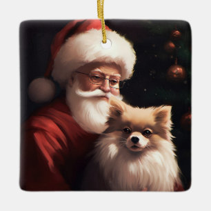 Pomeranian met kerstman Festieve Kerst Keramisch Ornament