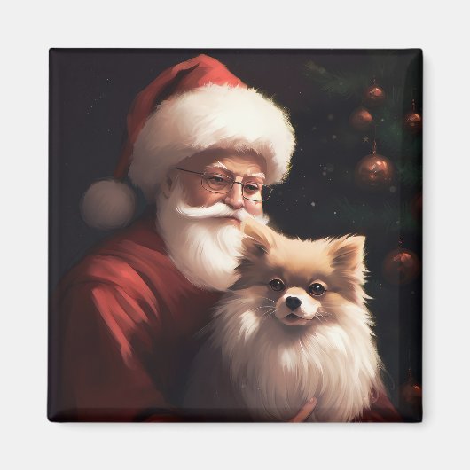 Pomeranian met Kerstman Festive Kerstmis Magneet (Voorkant)