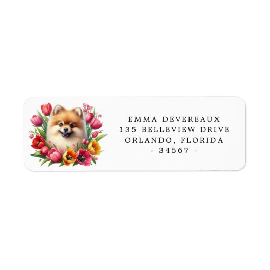 Pomeranian met Tulpen Retouradres Label (Voorkant)