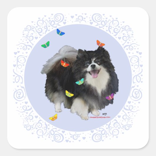 Pomeranian met Vlinders Vierkante Sticker (Voorkant)