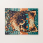 Pomeranian met zonnebril op het strand legpuzzel (Horizontaal)