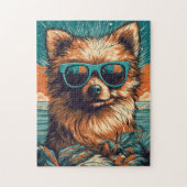 Pomeranian met zonnebril op het strand legpuzzel (Verticaal)