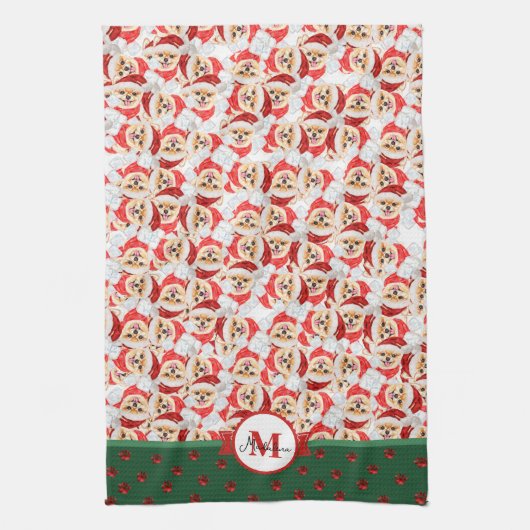 Pomeranian Patroon Monogram Kerst Hond Theedoek (Verticaal)