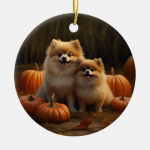 Pomeranian Pup Autumn Delight Pompoen Keramisch Ornament