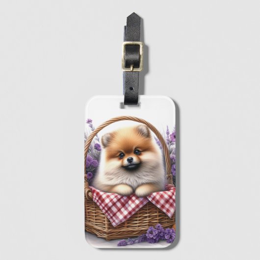 Pomeranian Puppy Dog Waterverf Wildflower Picknick Bagagelabel (Voorkant (verticaal))