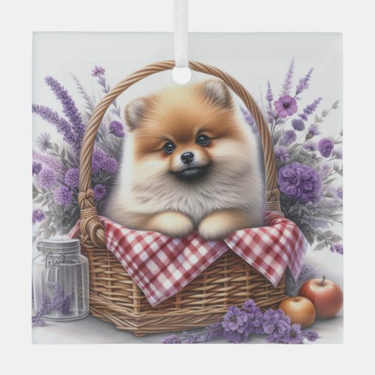 Pomeranian Puppy Dog Waterverf Wildflower Picknick Glas Ornament (Voorkant)