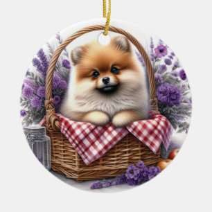 Pomeranian Puppy Dog Waterverf Wildflower Picknick Keramisch Ornament