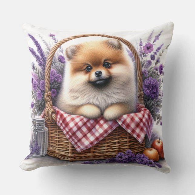 Pomeranian Puppy Dog Waterverf Wildflower Picknick Kussen (Voorkant)