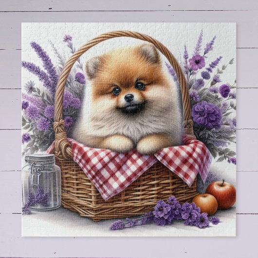 Pomeranian Puppy Dog Waterverf Wildflower Picknick Legpuzzel