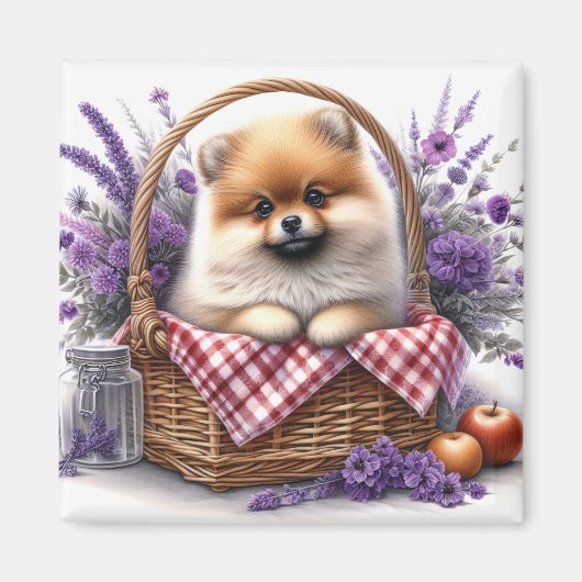 Pomeranian Puppy Dog Waterverf Wildflower Picknick Magneet (Voorkant)