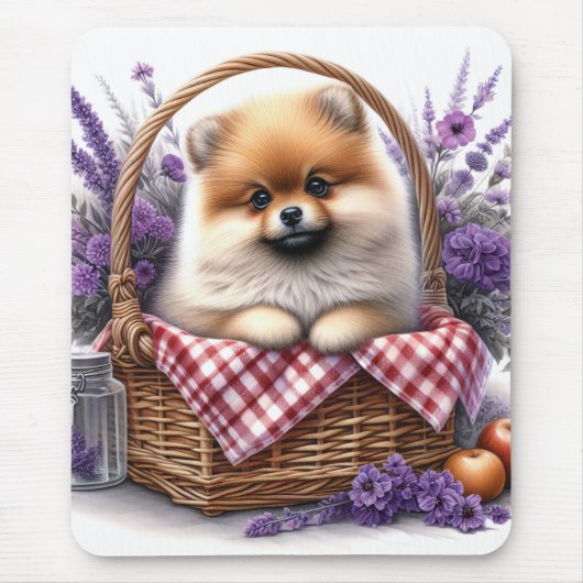 Pomeranian Puppy Dog Waterverf Wildflower Picknick Muismat (Voorkant)