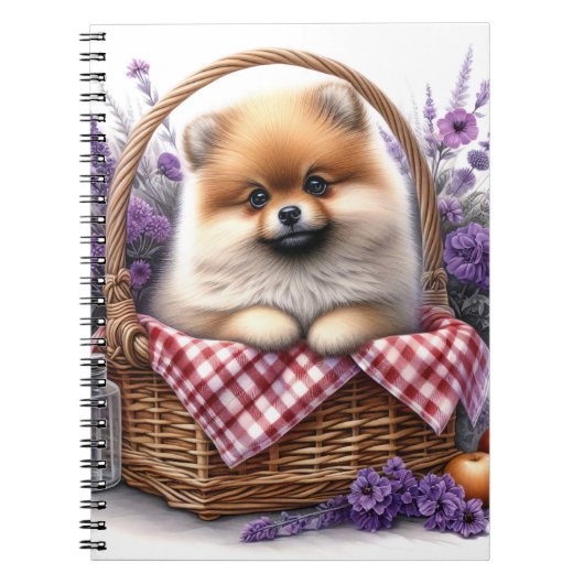 Pomeranian Puppy Dog Waterverf Wildflower Picknick Notitieboek (Voorkant)