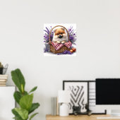 Pomeranian Puppy Dog Waterverf Wildflower Picknick Poster (Thuiskantoor)