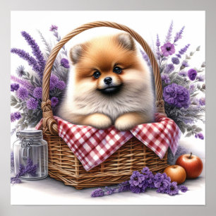 Pomeranian Puppy Dog Waterverf Wildflower Picknick Poster