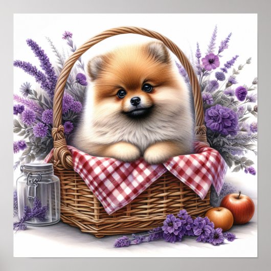 Pomeranian Puppy Dog Waterverf Wildflower Picknick Poster (Voorkant)