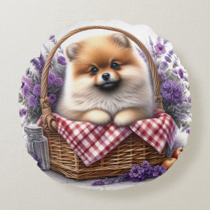 Pomeranian Puppy Dog Waterverf Wildflower Picknick Rond Kussen