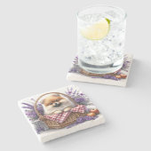 Pomeranian Puppy Dog Waterverf Wildflower Picknick Stenen Onderzetter (Zijkant)