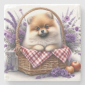 Pomeranian Puppy Dog Waterverf Wildflower Picknick Stenen Onderzetter (Voorkant)