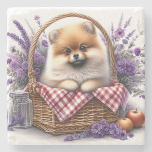 Pomeranian Puppy Dog Waterverf Wildflower Picknick Stenen Onderzetter