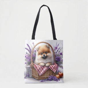 Pomeranian Puppy Dog Waterverf Wildflower Picknick Tote Bag