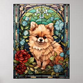 Pomeranian Puppy Glas-in-lood Bloemraam Kunst  Poster