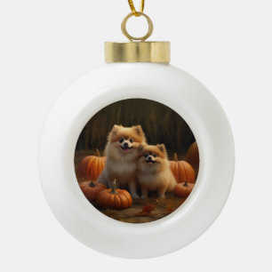 Pomeranian Puppy Herfstvreugde Pompoen Keramische Bal Ornament