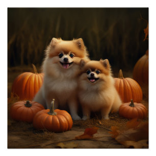 Pomeranian Puppy Herfstvreugde Pompoen Perfect Poster