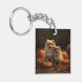 Pomeranian Puppy Herfstvreugde Pompoen Sleutelhanger (Voorkant Links)