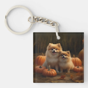 Pomeranian Puppy Herfstvreugde Pompoen Sleutelhanger