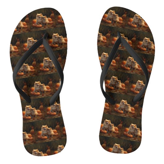 Pomeranian Puppy Herfstvreugde Pompoen Teenslippers (Voetbed)