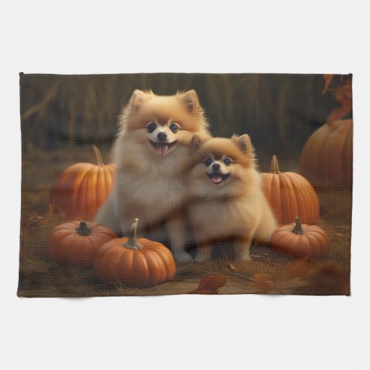 Pomeranian Puppy Herfstvreugde Pompoen Theedoek (Horizontaal)