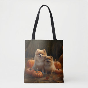 Pomeranian Puppy Herfstvreugde Pompoen Tote Bag