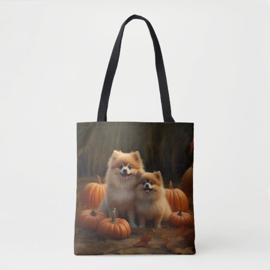Pomeranian Puppy Herfstvreugde Pompoen Tote Bag (Voorkant)