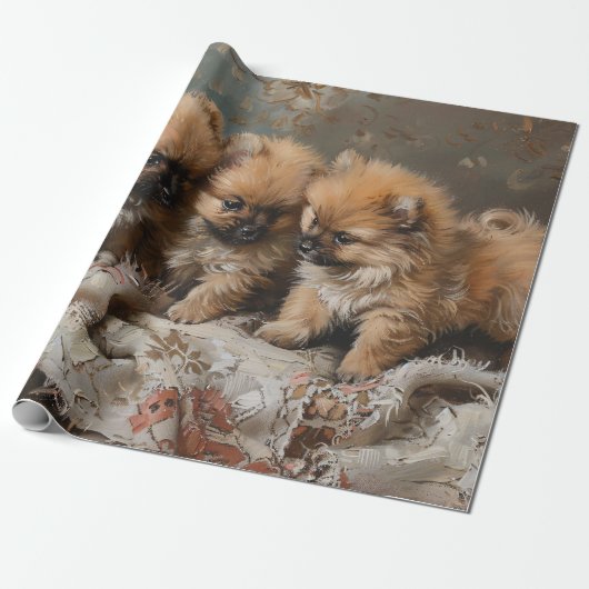 Pomeranian Puppy Trio  Decoupage Cadeaupapier (Uitgerold)