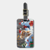 Pomeranian Rent in de Sneeuw met Kerstmuts Bagagelabel (Voorkant verticaal)
