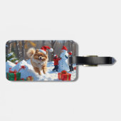 Pomeranian Rent in de Sneeuw met Kerstmuts Bagagelabel (Achterkant horizontaal)