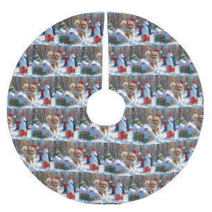 Pomeranian Rent in de Sneeuw met Kerstmuts Kerstboom Rok