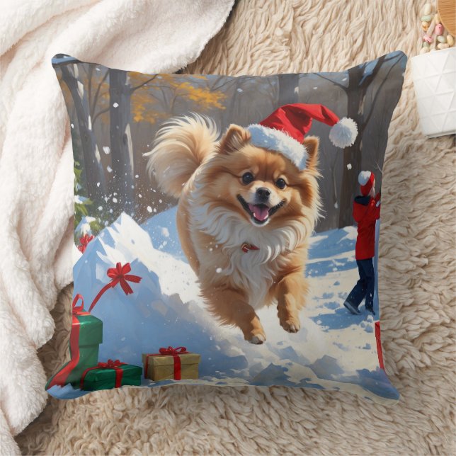 Pomeranian Rent in de Sneeuw met Kerstmuts Kussen (Deken)