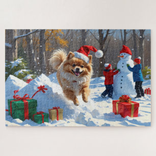Pomeranian Rent in de Sneeuw met Kerstmuts Legpuzzel