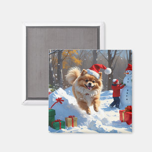 Pomeranian Rent in de Sneeuw met Kerstmuts Magneet