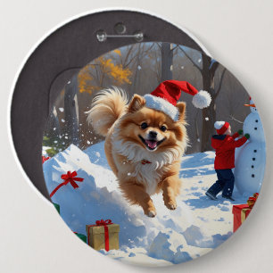Pomeranian Rent in de Sneeuw met Kerstmuts Ronde Button 6,0 Cm
