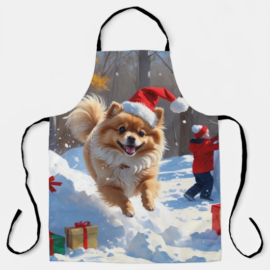 Pomeranian Rent in de Sneeuw met Kerstmuts Schort (Voorkant)
